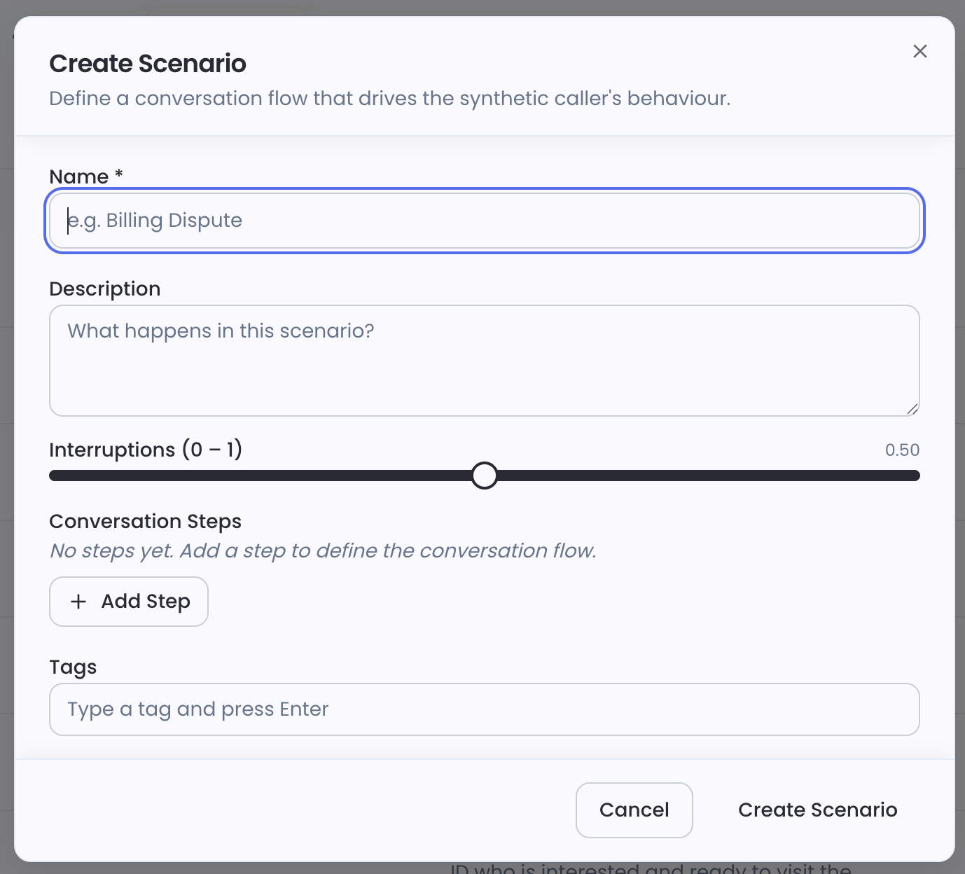 Create Scenario dialog showing Name, Description, Interruptions slider, Conversation Steps section with Add Step button, and Tags